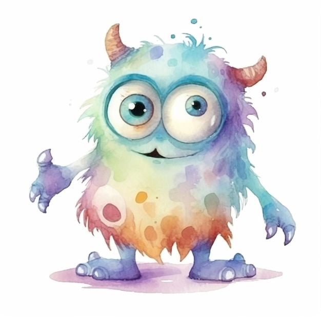 A watercolor painting of a monster with a rainbow and blue eyes.