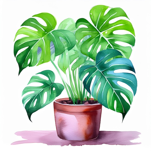 Акварель растения монстеры в горшке Домашний сад Зеленое комнатное растение Абстрактное ручное рисование