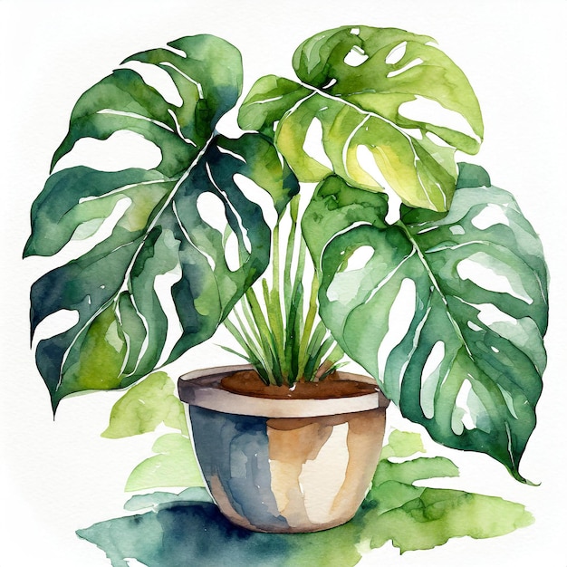 비에 있는 몬스테라 식물의 수채화 그림 가정 정원 녹색 실내 식물 추상적인 손으로 그린 예술