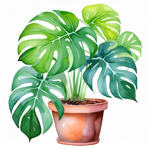 Photo watercolor painting of monstera plant in pot home garden green houseplant abstract hand drawn art