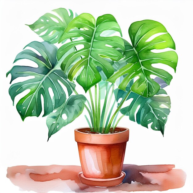 Photo watercolor painting of monstera plant in pot home garden green houseplant abstract hand drawn art