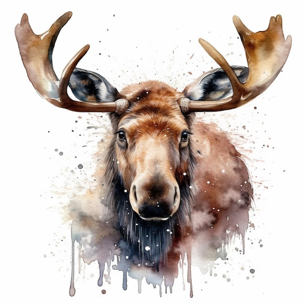 Watercolor painting of a moose with a big antlers.