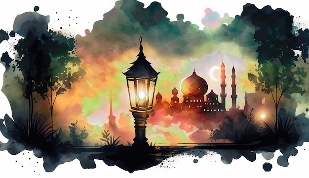 A watercolor painting of a mosque in the evening.