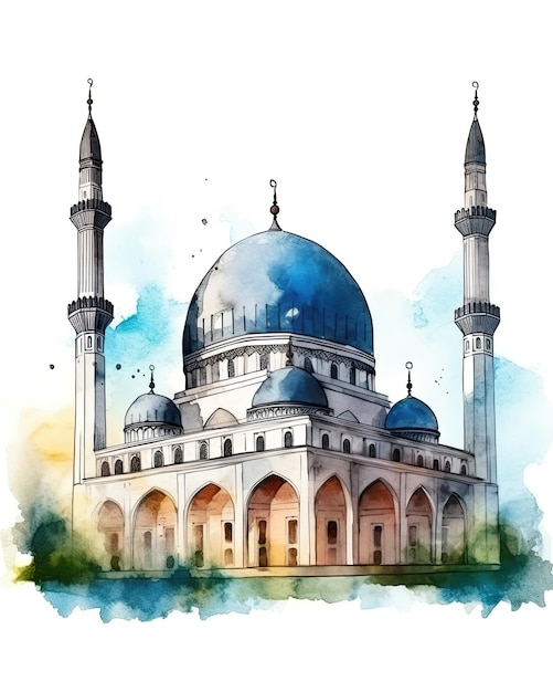 Watercolor painting of a mosque with a blue dome