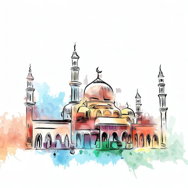 Photo a watercolor painting of a mosque with a colorful background