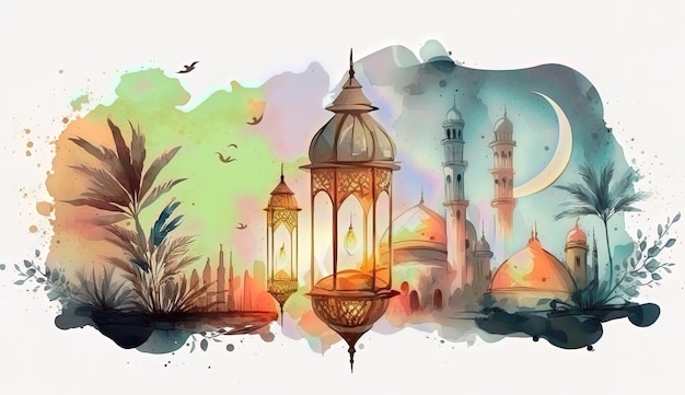 Watercolor painting of a mosque with a mosque in the background.