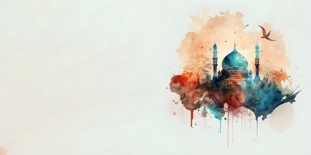 A watercolor painting of a mosque with the name ramadan on it.