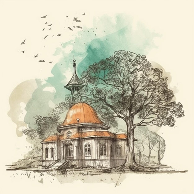 Watercolor painting of a mosque