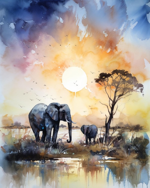 Watercolor painting of a mother and baby elephant