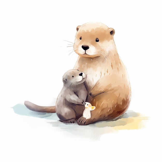 Premium AI Image | A watercolor painting of a mother and baby otter