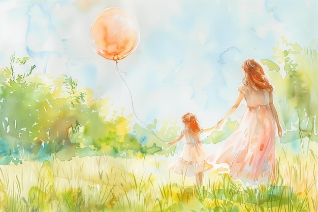 에서 풍선을 들고 있는 어머니와 딸의 수채화 그림