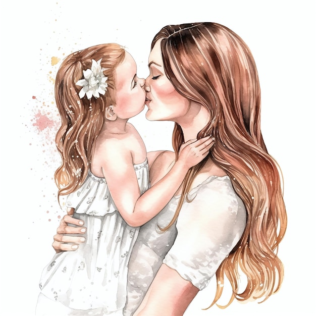 A watercolor painting of a mother and daughter kissing