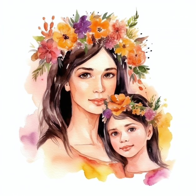 花をかぶった母と娘を描いた水彩画。