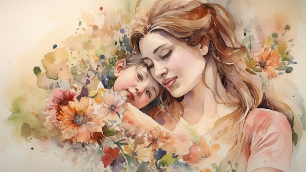 A watercolor painting of a mother and daughter