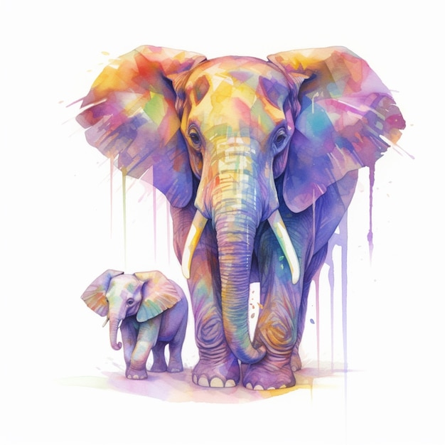 A watercolor painting of a mother elephant and her baby elephant.