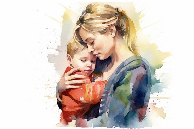 A watercolor painting of a mother and her baby