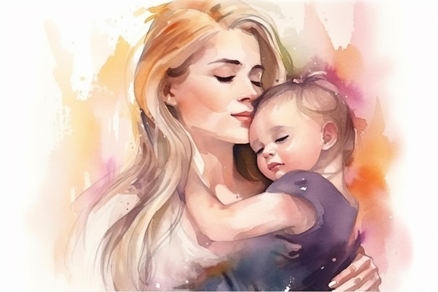 A watercolor painting of a mother and her baby