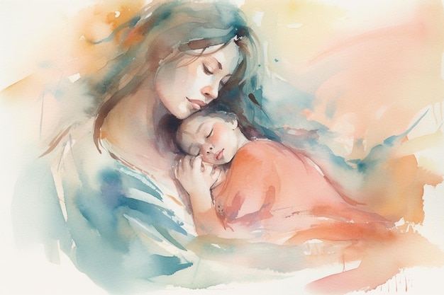 A watercolor painting of a mother and her baby