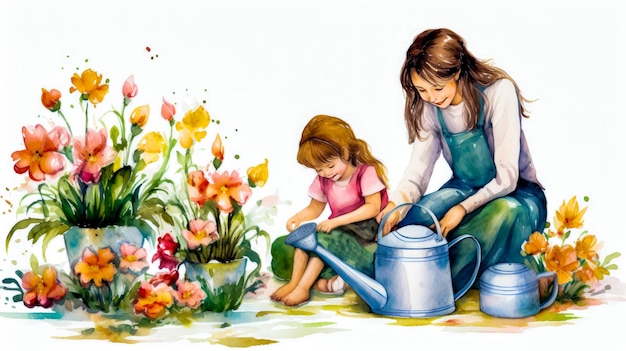 Watercolor painting of mother and her daughter watering the garden together