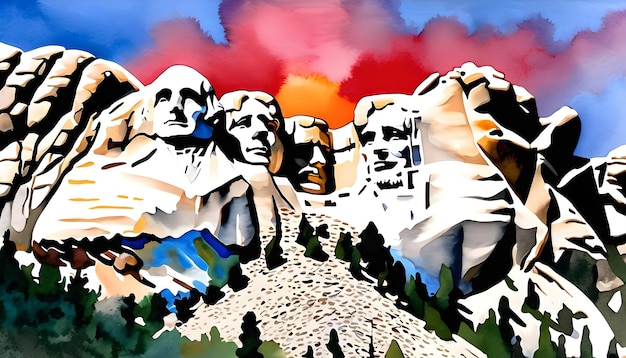 Watercolor Painting of Mount Rushmore South Dakota A Sunset Panorama