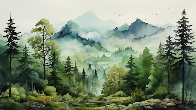 Foto pittura ad acquerello di paesaggio forestale di montagna con foresta fluviale e illustrazione dipinta a mano del fiume