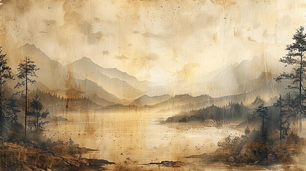 A watercolor painting of a mountain and a lake