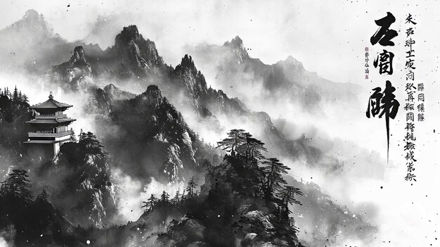 Watercolor painting of mountain landscape in chinese calligraphy