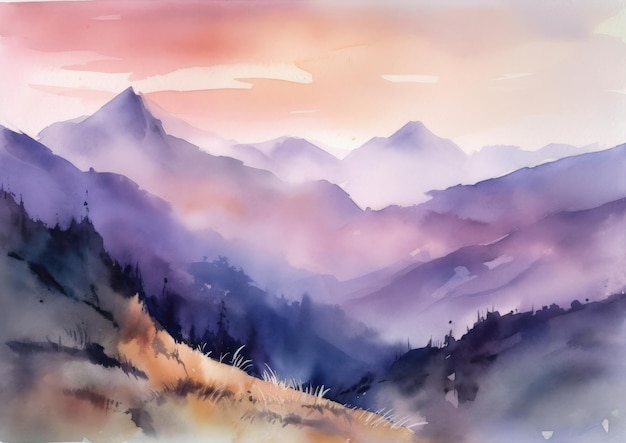 A watercolor painting of a mountain landscape with a purple sky and a mountain in the background.