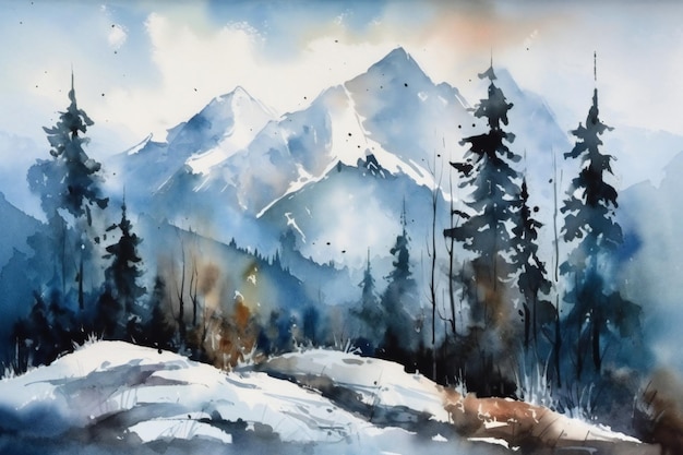 A watercolor painting of a mountain landscape with snow and trees.