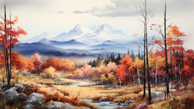 A watercolor painting of a mountain range in the distance with a foreground of trees AI Generative