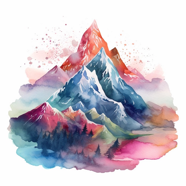 Watercolor painting of a mountain range with a mountain range in the background.