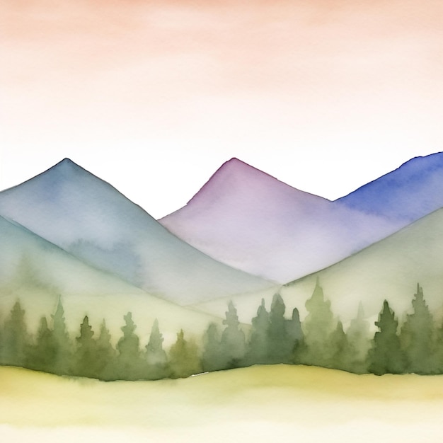 Photo watercolor painting of a mountain range with a pink sky.