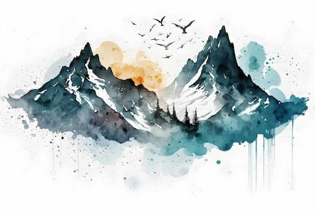 Watercolor painting of a mountain range