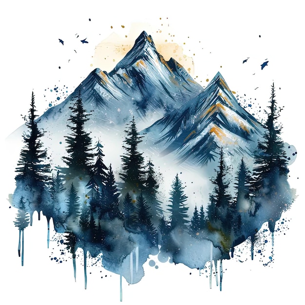 A watercolor painting of a mountain with trees