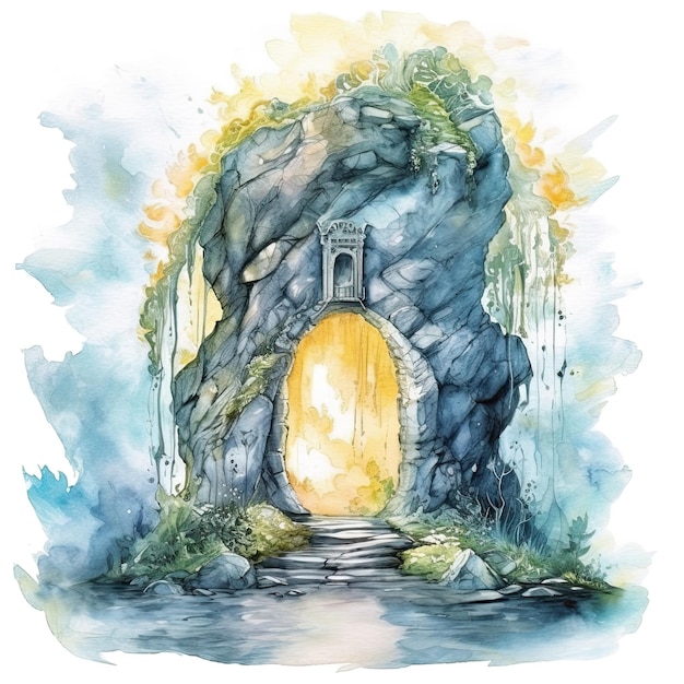 A watercolor painting of a mountain with a yellow door.