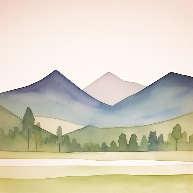 A watercolor painting of mountains in blue and green.