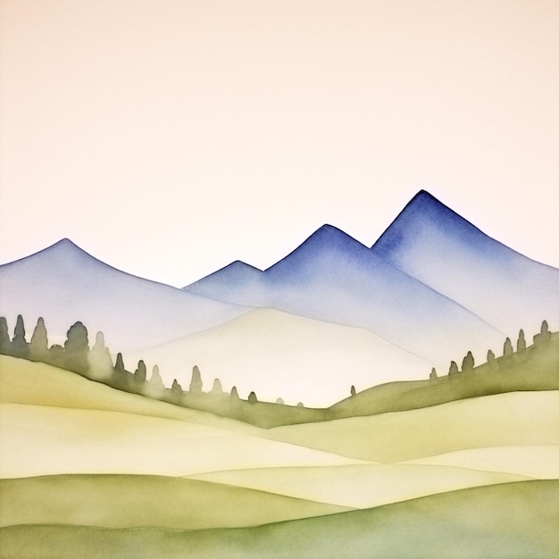 Photo watercolor painting of mountains in a field