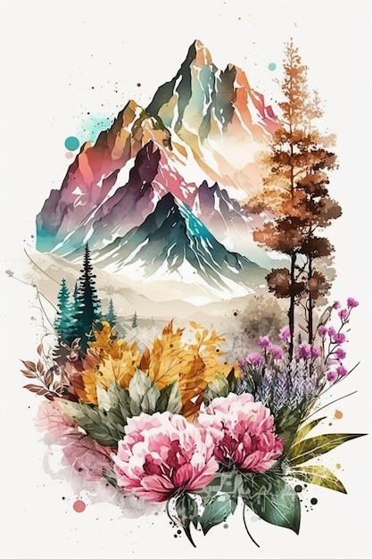 Photo a watercolor painting of mountains and flowers