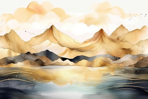 A watercolor painting of mountains and a lake