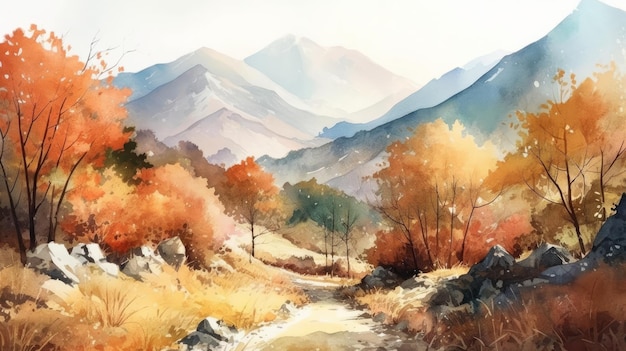 Watercolor painting of a mountains and pine tree Al generated