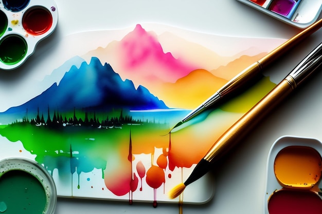 山と水彩ペンの水彩画