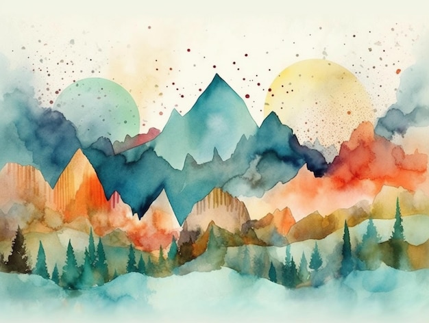 A watercolor painting of mountains with a blue sky and the sun shining through the clouds.