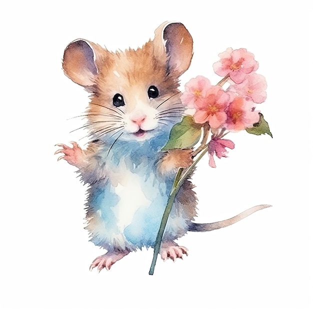 A watercolor painting of a mouse holding a pink flower.