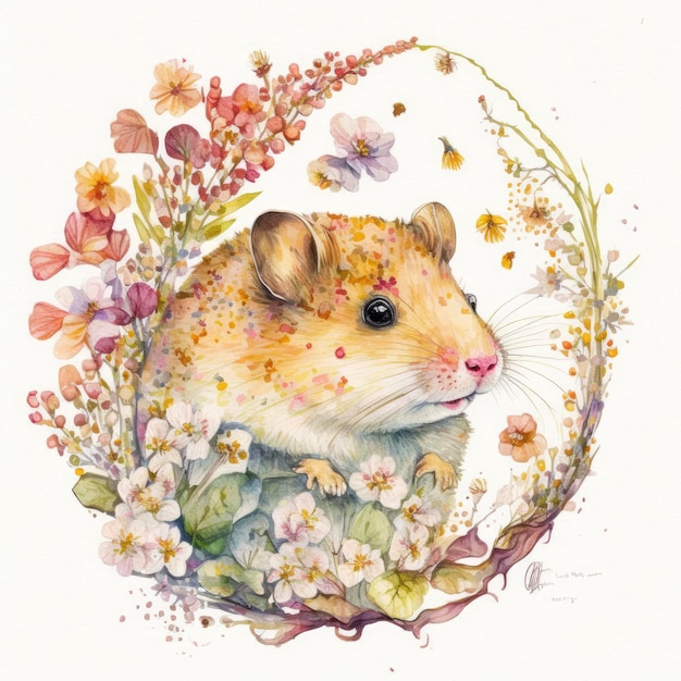 A watercolor painting of a mouse in a meadow with flowers.
