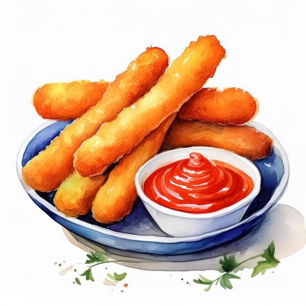 Photo watercolor painting of mozzarella sticks and tomato sauce tasty fast food delicious meal