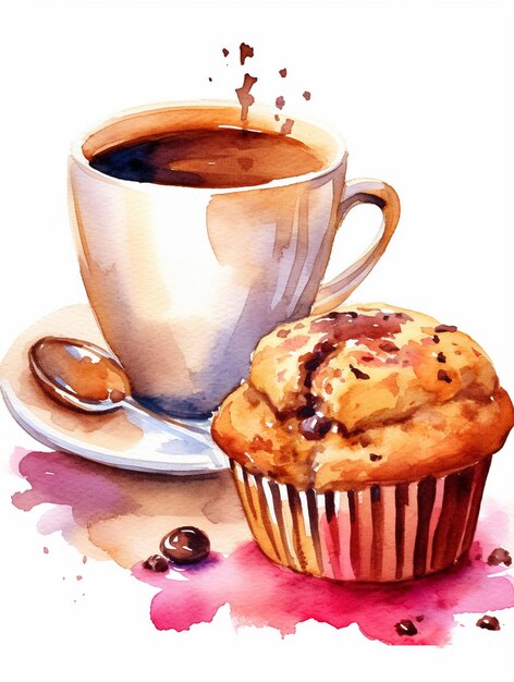 Watercolor painting of a muffin and a cup of coffee