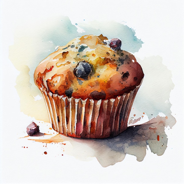 Photo a watercolor painting of a muffin with blueberries on it.