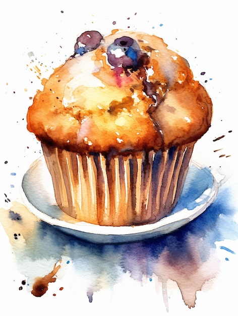 A watercolor painting of a muffin with blueberries on it.