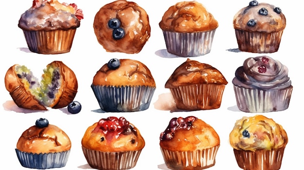 A watercolor painting of muffins with blueberries and blueberries.