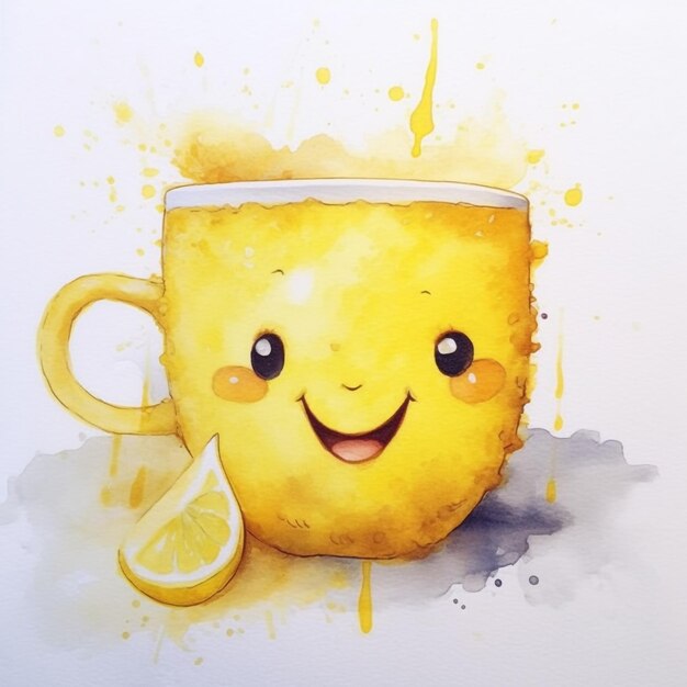 A watercolor painting of a mug with a lemon on it